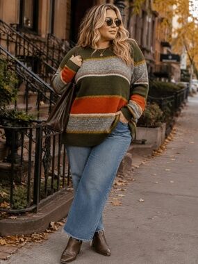 "Skies Are Blue" Plus Size Long Sleeve Color Block Stripes Pullover Sweater